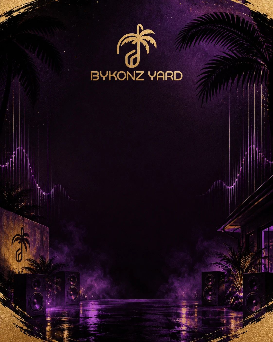 BykonzYard stage artwork with palms and speakers